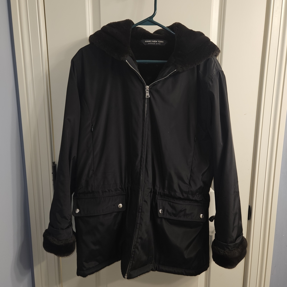Marc New York Andrew Marc Women's Black Faux Fur Hooded Parka- XS